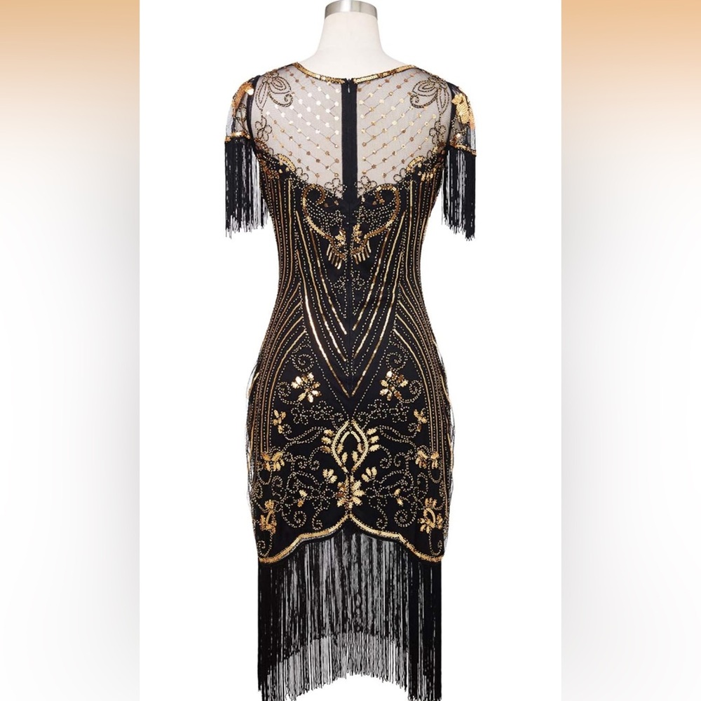 Elegant Black & Gold Backless Fringe Dress